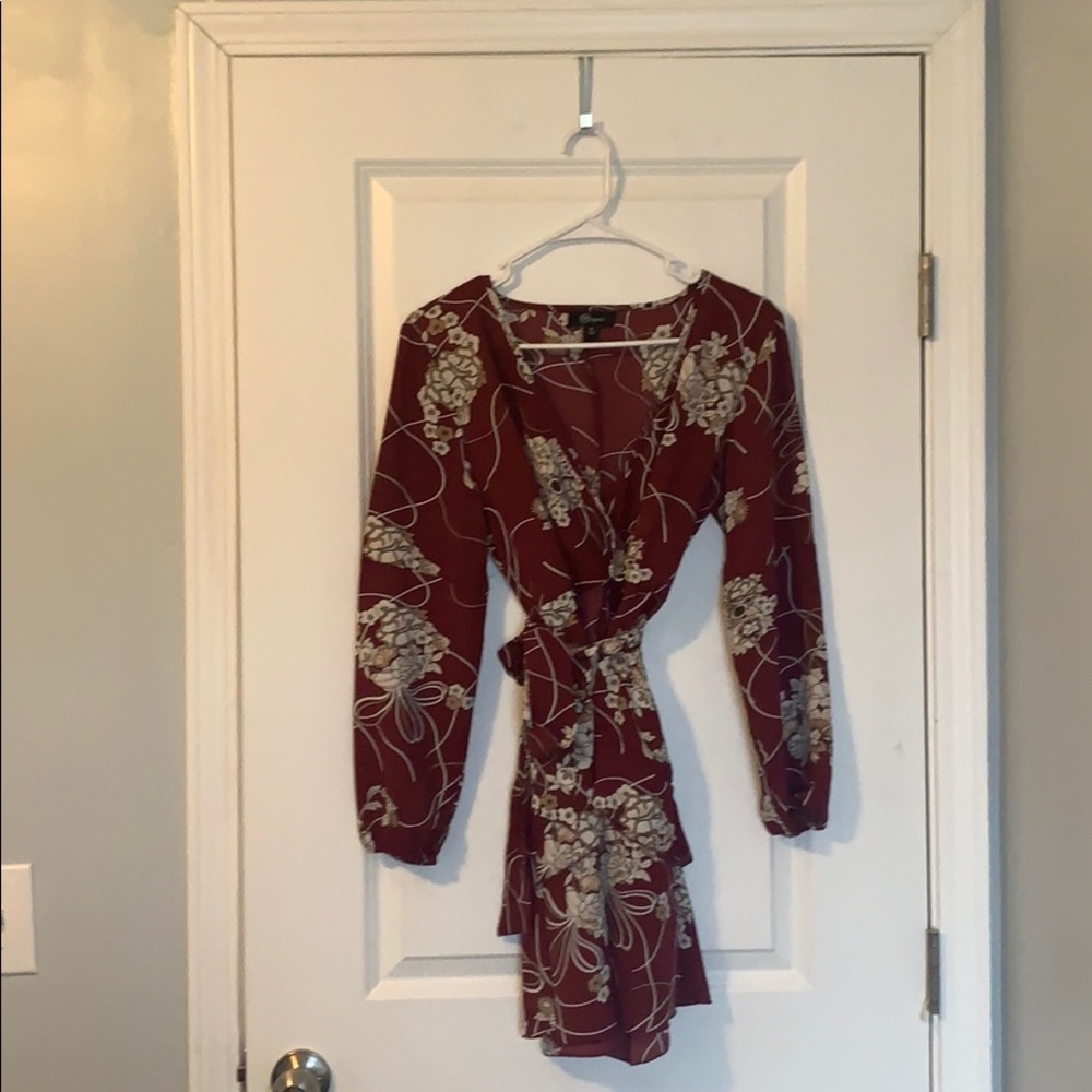 Dark Red, Floral Long-Sleeve Dress